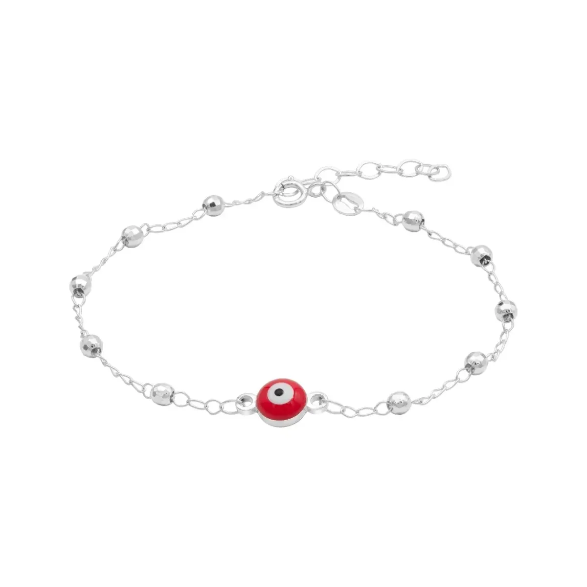 Pulsera de protección mujer Plata .925 Ojo Turco Rojo ajustable con dije redondo de 7 mm. Joyería de plata auténtica con amul