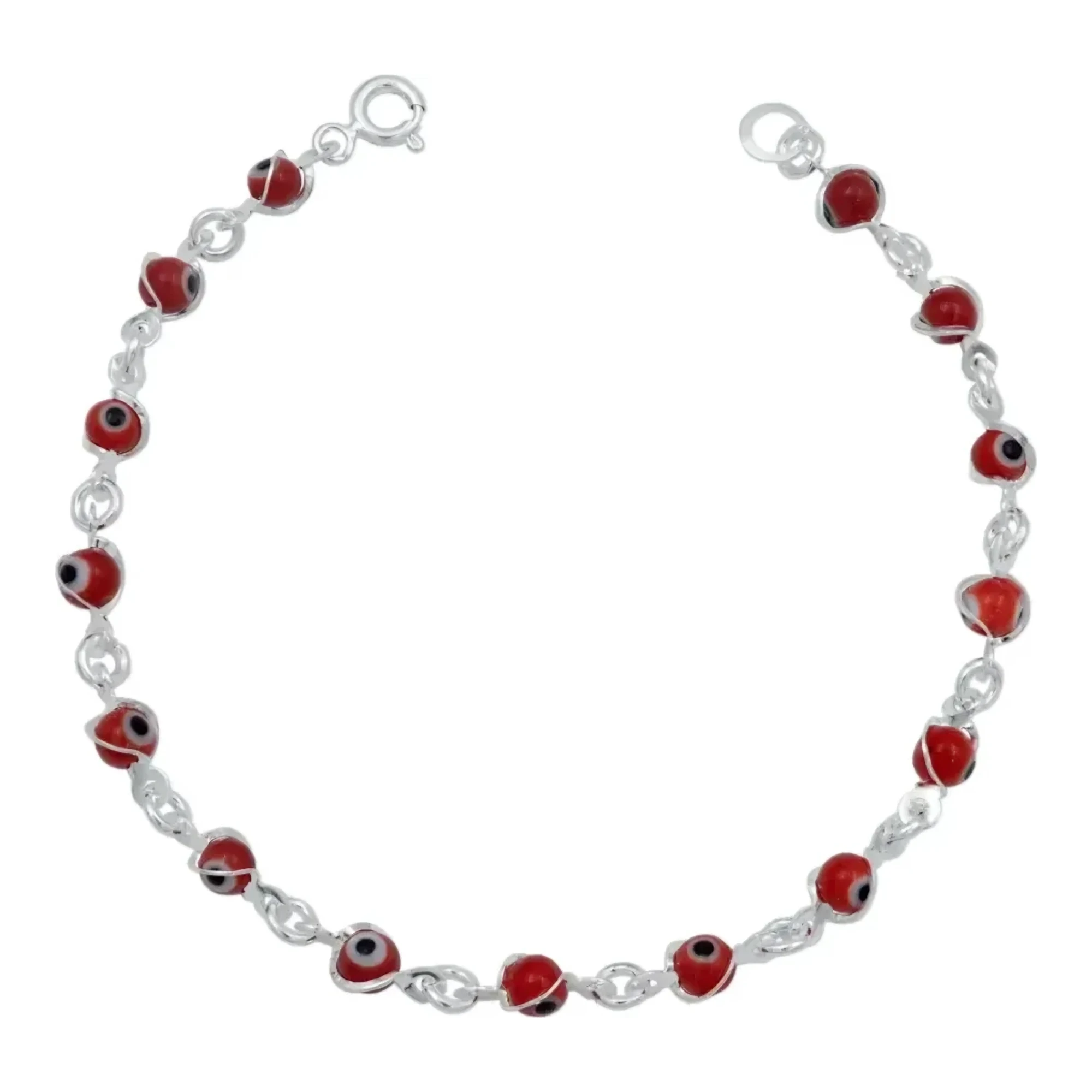 Pulsera de plata .925 artesanal con dije de ojo turco rojo y bolas de plata brillante, amuleto contra el mal de ojo para dama