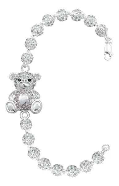 Pulsera Plata 925 Oso Corazón con Zirconias Rosas - Imagen 1