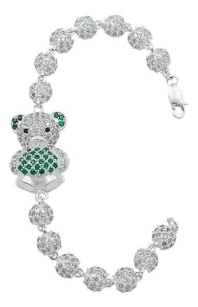 Pulsera Plata 925 Oso Corazón con Zirconia Verde 17.5 cm - Imagen 1
