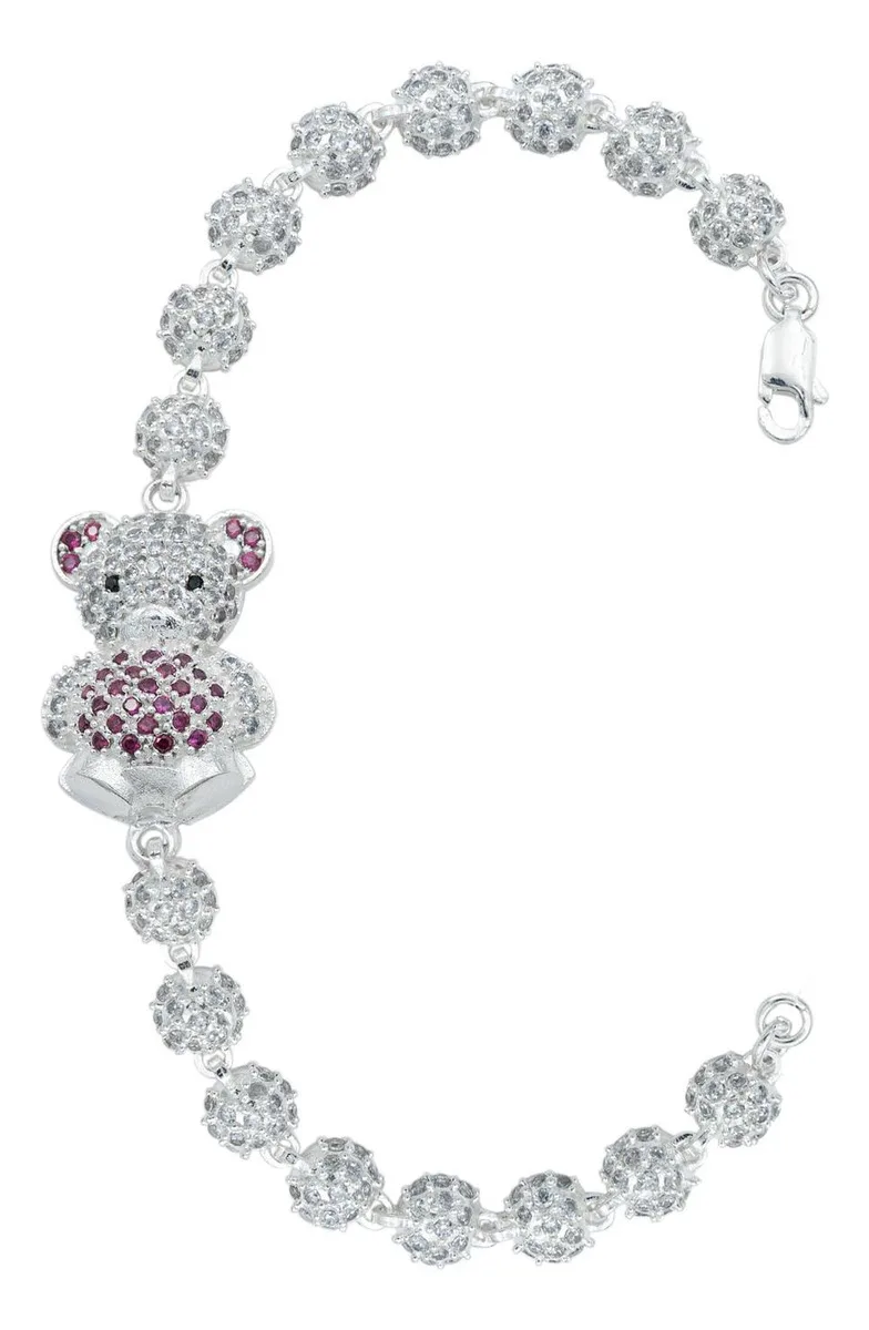 Pulsera de Plata 925 Oso Corazón con Zirconias Rojas 18.5cm - Joyaris joyería artesanal mexicana para mujer