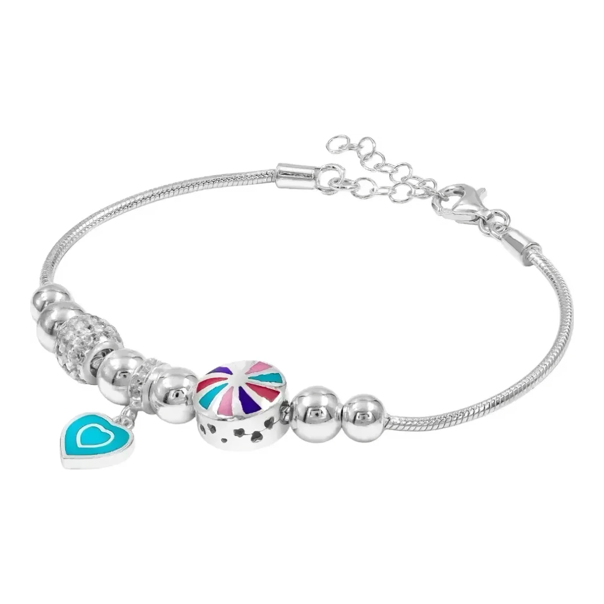 Pulsera panza de víbora en plata .925 nacional brillante con dijes de corazones colgantes y broche perico para mujer