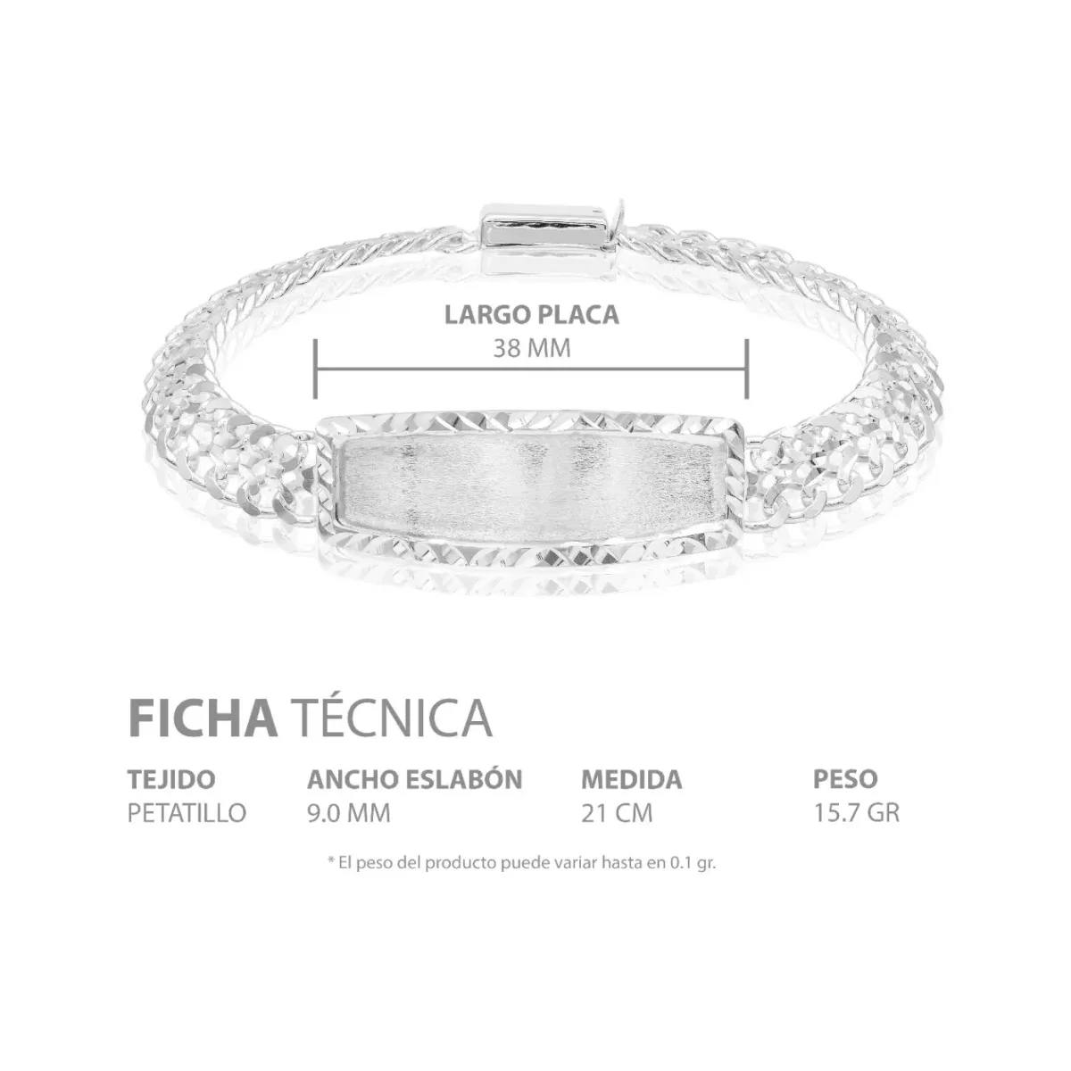 Esclava Petatillo Placa Diamantada Plata .925 8mm 21cm - Imagen 6