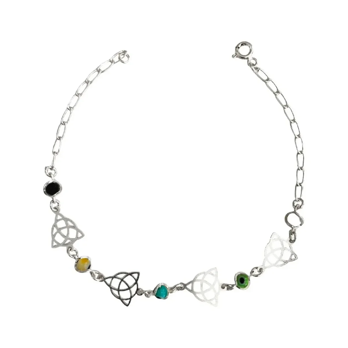 Pulsera Plata .925 Ajustable Ojo Turco Triqueta Multicolor, joyería de plata mexicana, amuleto energético, diseño espiritual.