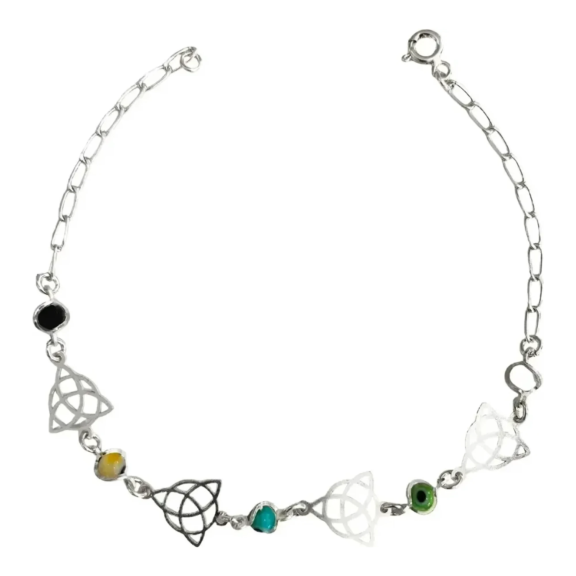 Pulsera ojo turco plata 925 con dijes triqueta multicolor, cadena lisa ajustable de 21 cm y broche perico resistente Joyaris