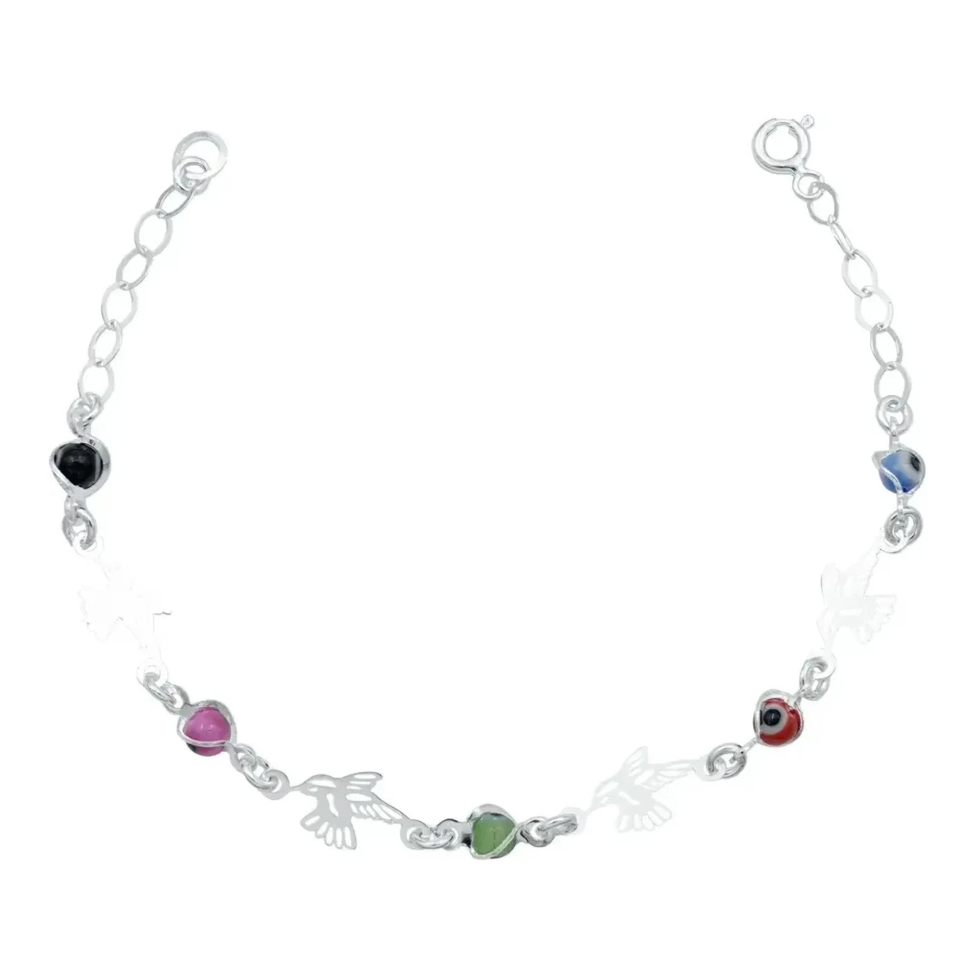 Pulsera de colibrí para mujer en plata .925 con dije de ojo turco multicolor acabado liso y broche reasa de protección