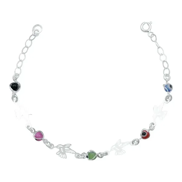 Pulsera Plata 925 Colibrí Ojo Turco Multicolor Ajustable - Imagen 1