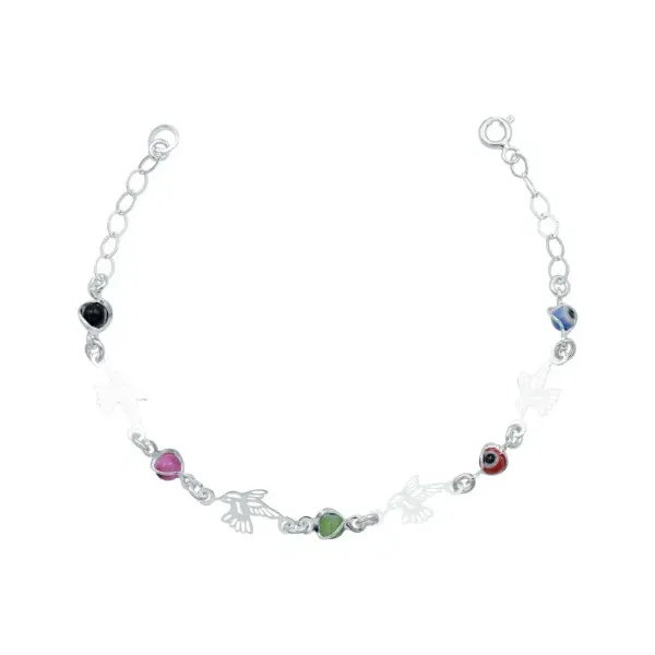 Pulsera Plata 925 Colibrí Ojo Turco Multicolor Ajustable - Imagen 1