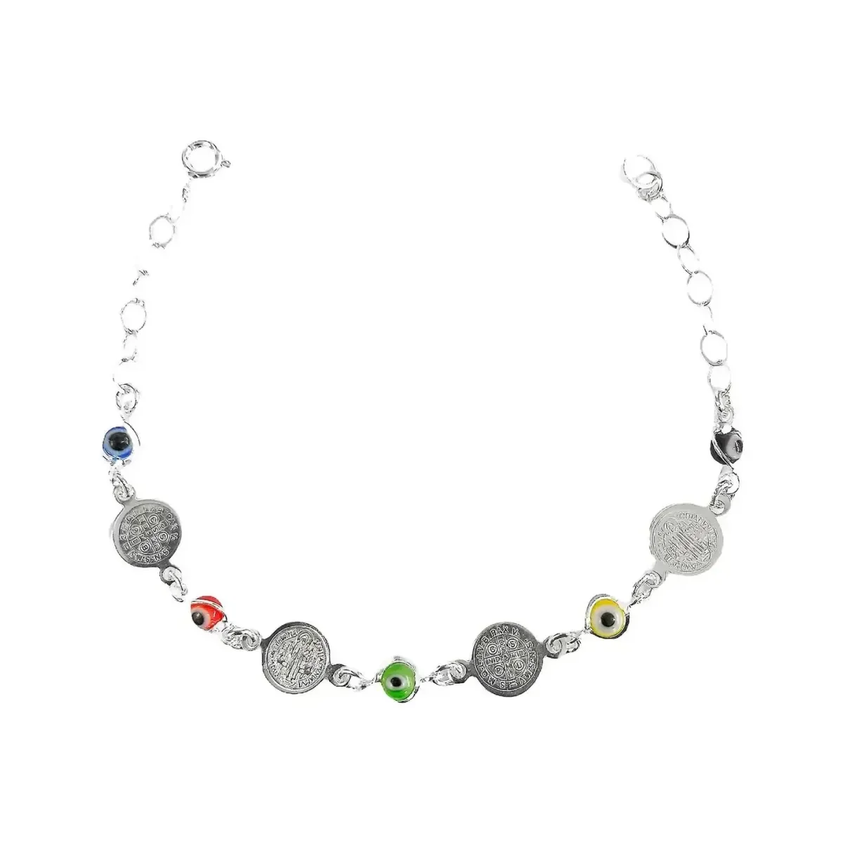Pulsera de plata .925 con medallas San Benito multicolor, diseño ajustable. Joyería de protección y amuleto espiritual artesa