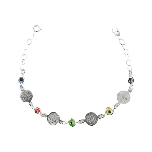 Pulsera Plata 925 con Medallas San Benito Multicolor Ajustable - Imagen 1