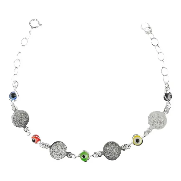 Pulsera Plata 925 con Medallas San Benito Multicolor Ajustable - Imagen 1