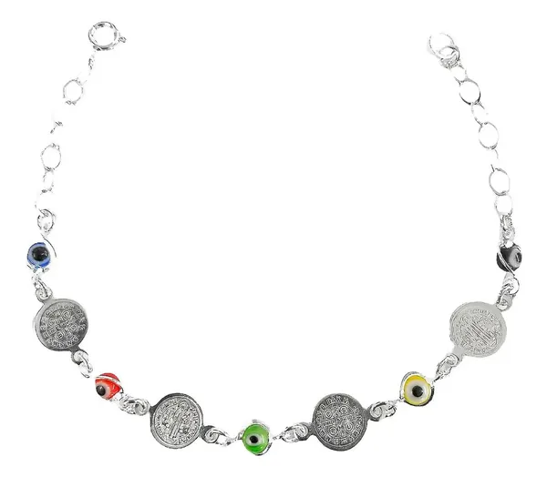 Pulsera Plata 925 con Medallas San Benito Multicolor Ajustable - Imagen 1