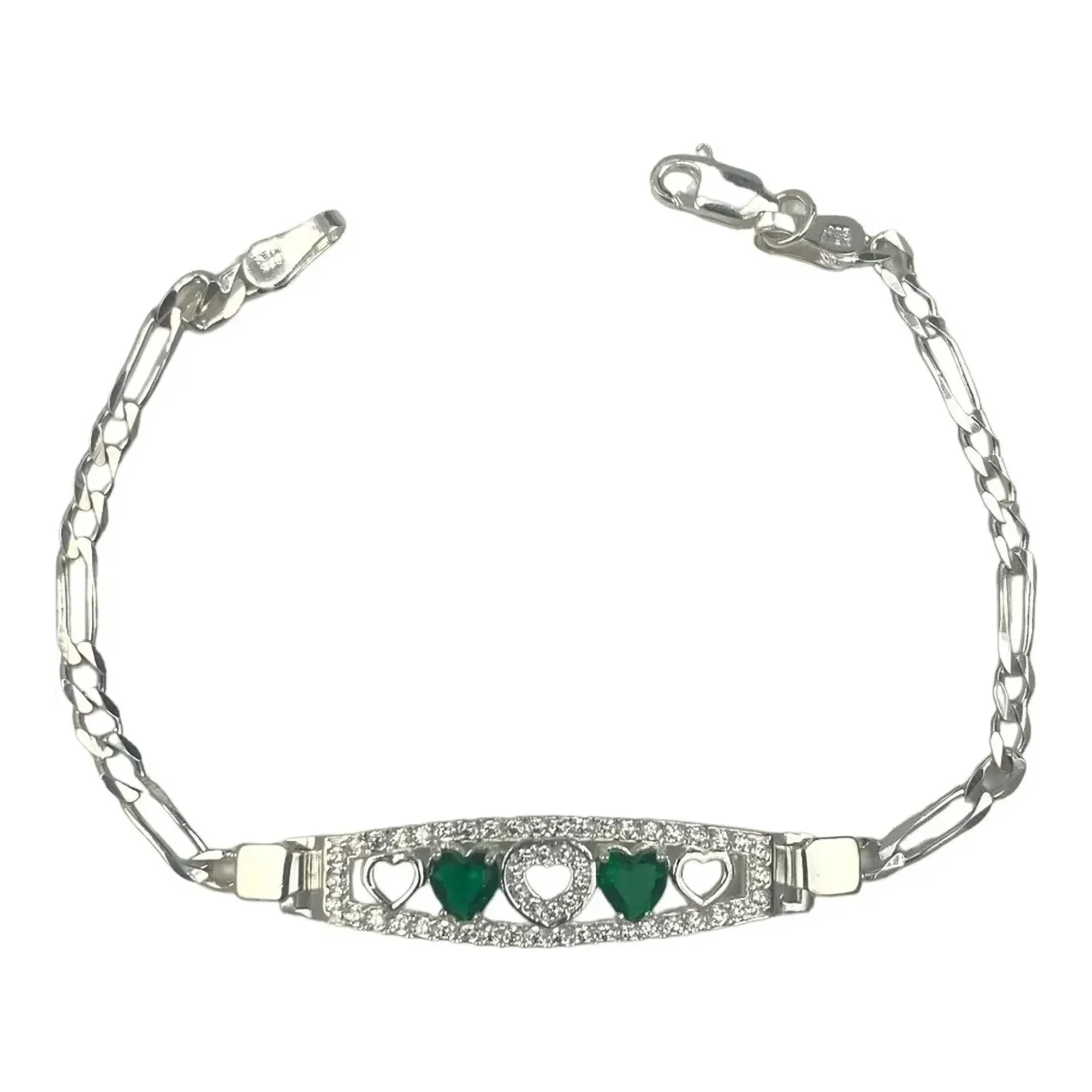 Pulsera de Plata .925 Nacional, diseño Corazón con Zirconia Verde. Joyería de plata artesanal, regalo para mujer.