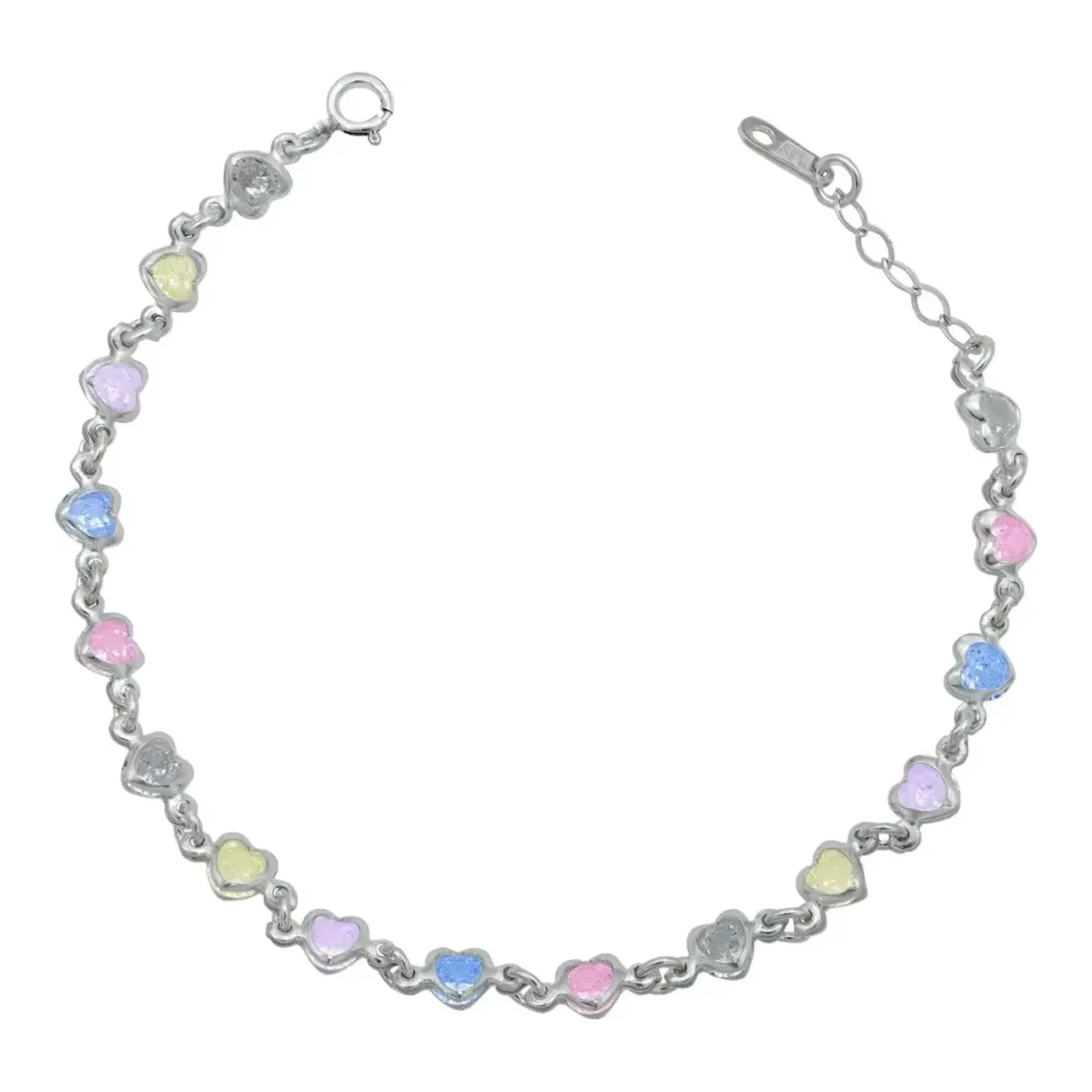 Pulsera corazones entrelazados plata 925 con zirconias multicolor incrustadas, broche perico y acabado liso para mujer