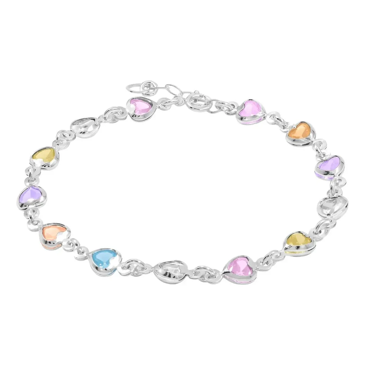 Pulsera de Plata .925 con dijes de Corazones de Zirconia Multicolor, joyería mexicana maximalista para uso diario.