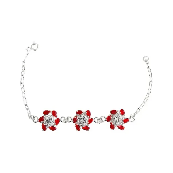 Pulsera Plata 925 Flores Zirconias Rojas Elegante Mujer - Imagen 1