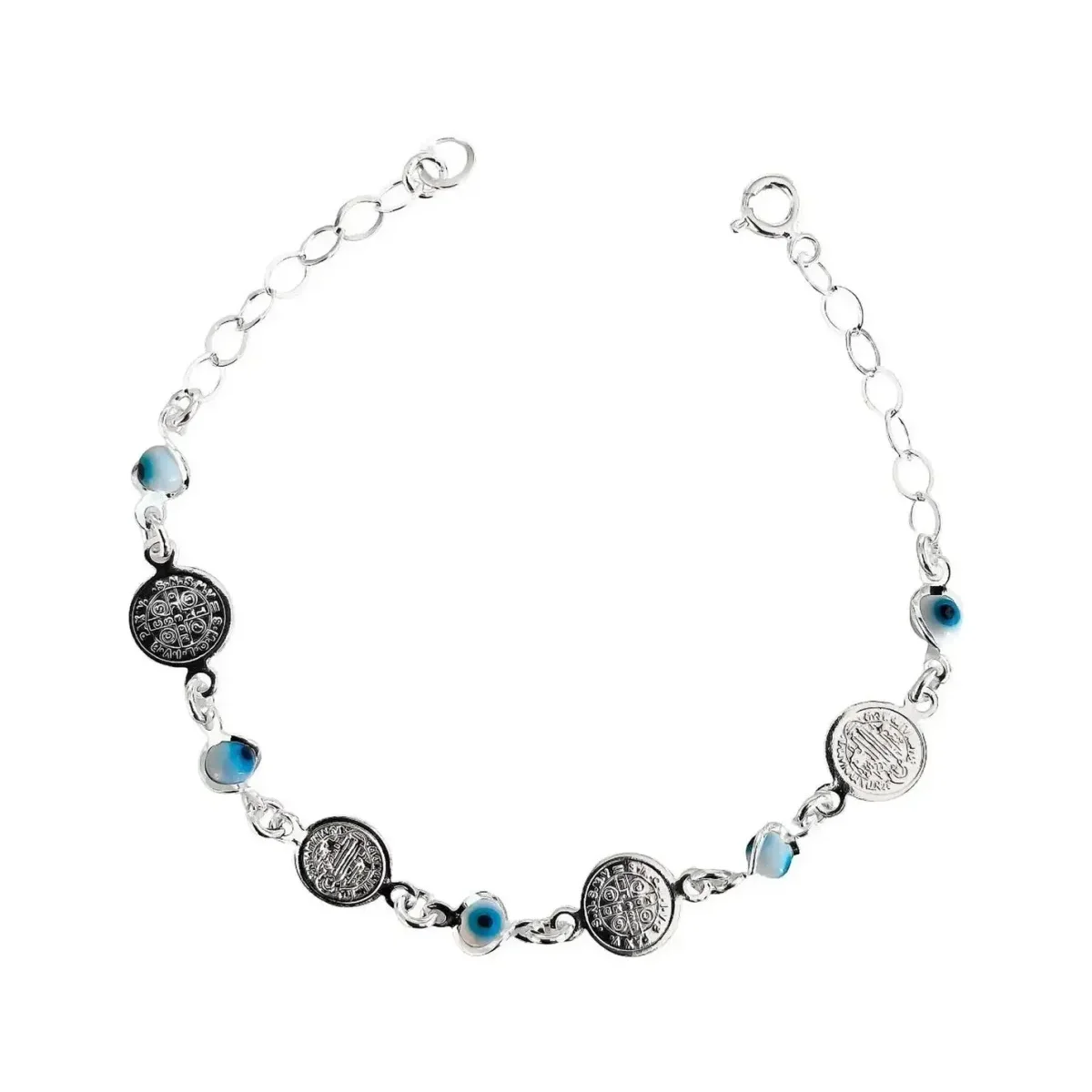 Pulsera de plata 925 ajustable con medallas San Benito, diseño minimalista y brillo plateado. Joyería artesanal mexicana, amu