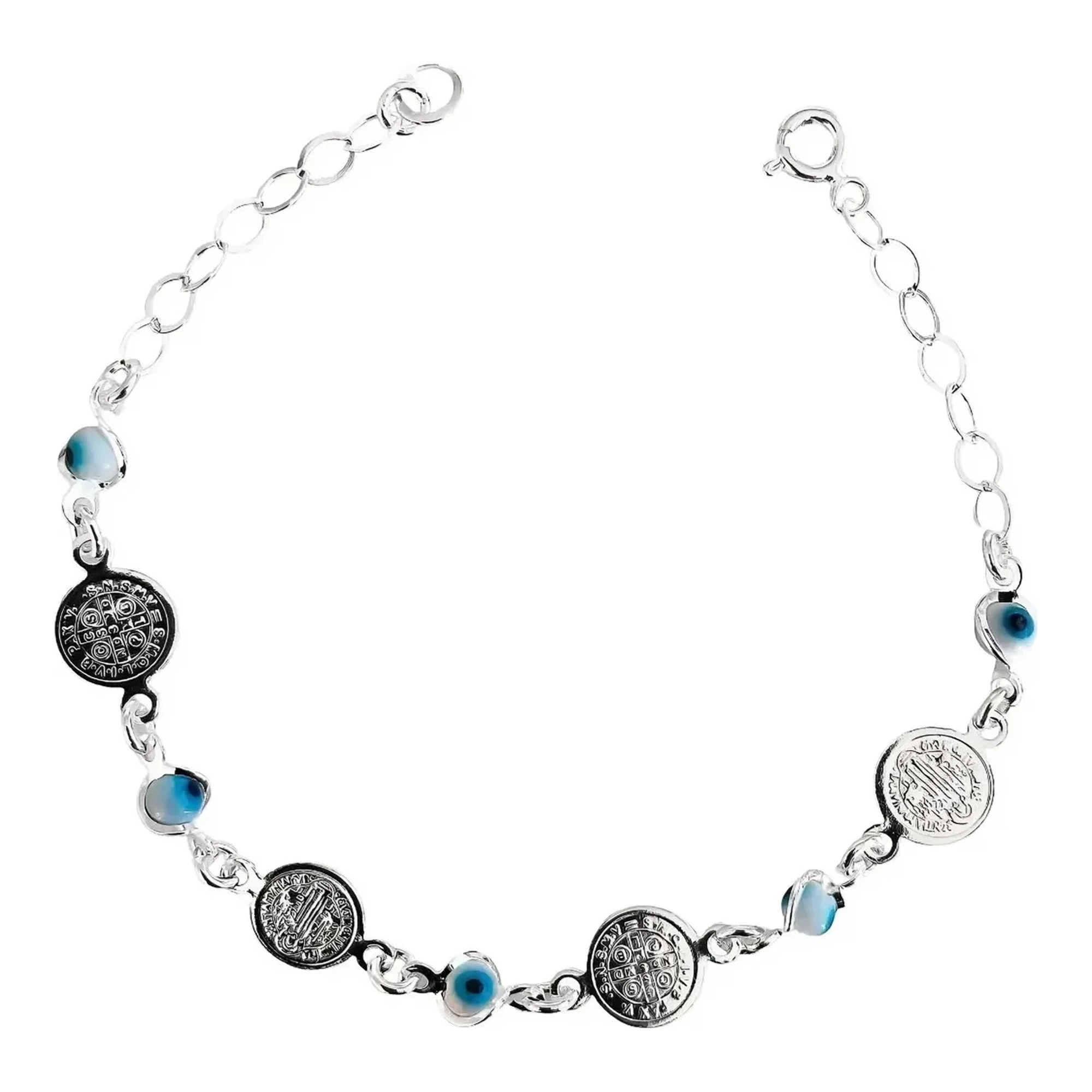 Pulsera San Benito ajustable en plata ley .925 nacional, esclava con acabado liso, dijes medallas religiosas y broche reasa