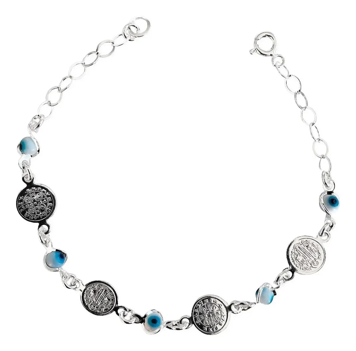 Pulsera de plata .925 ajustable con medallas San Benito, diseño minimalista y brillo plateado. Joyería artesanal mexicana mod