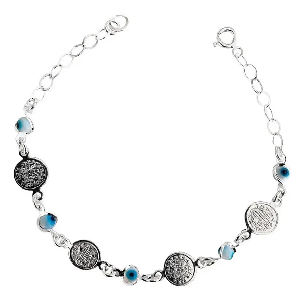 Pulsera Plata 925 Medallas San Benito Ajustable - Imagen 1