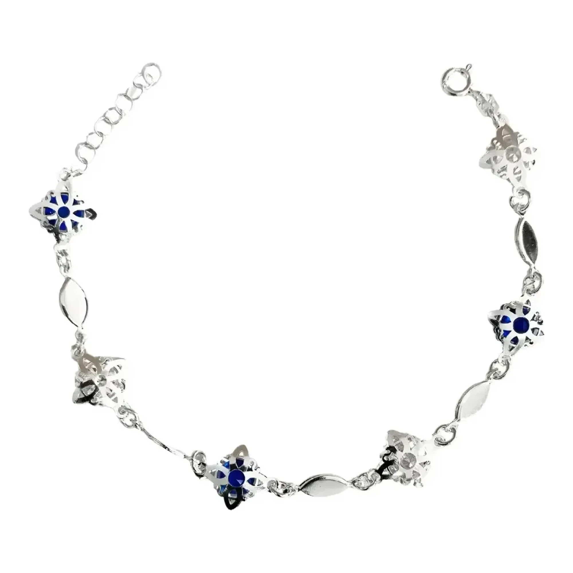 Pulsera de nudo de bruja en plata ley .925 lisa con dije central zirconia azul brillante broche perico diseño ajustable