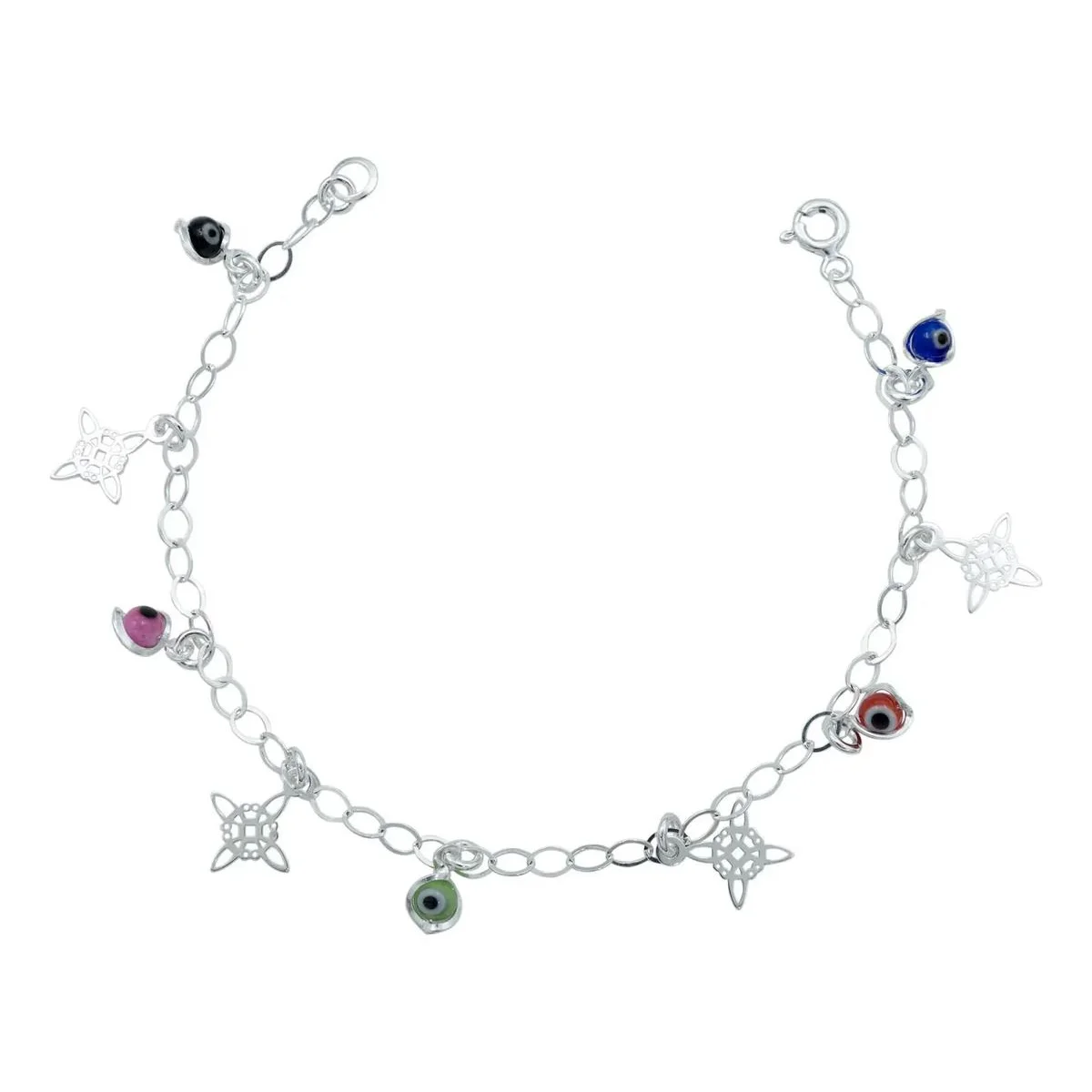 Pulsera Plata .925 Nacional artesanal con Nudo Bruja y Ojo Turco azul rey. Amuleto de protección espiritual, joyería esotéric