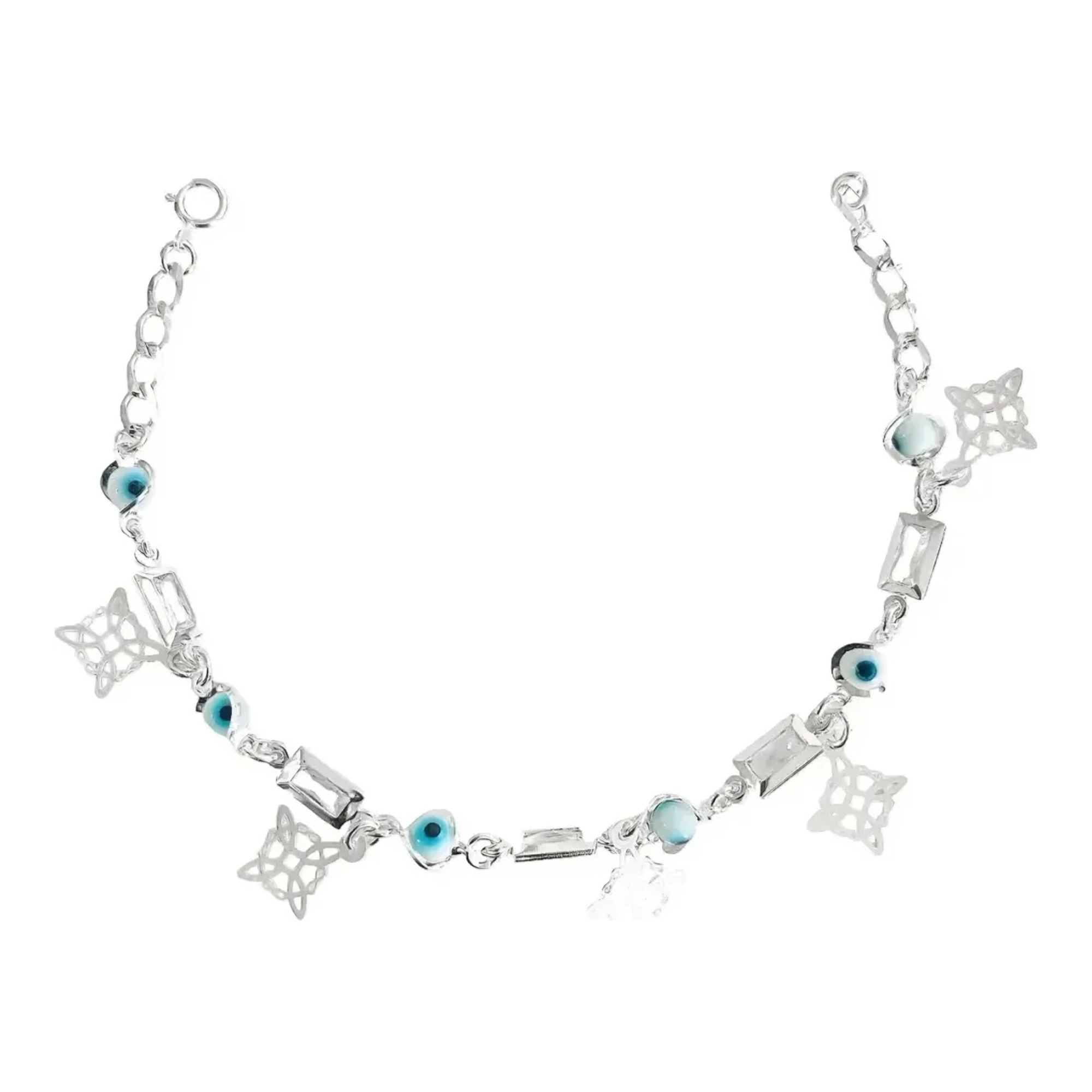 Pulsera contra mal de ojo en plata .925 con dije de nudo de brujas celta, ojo turco central y piedras blancas brillantes