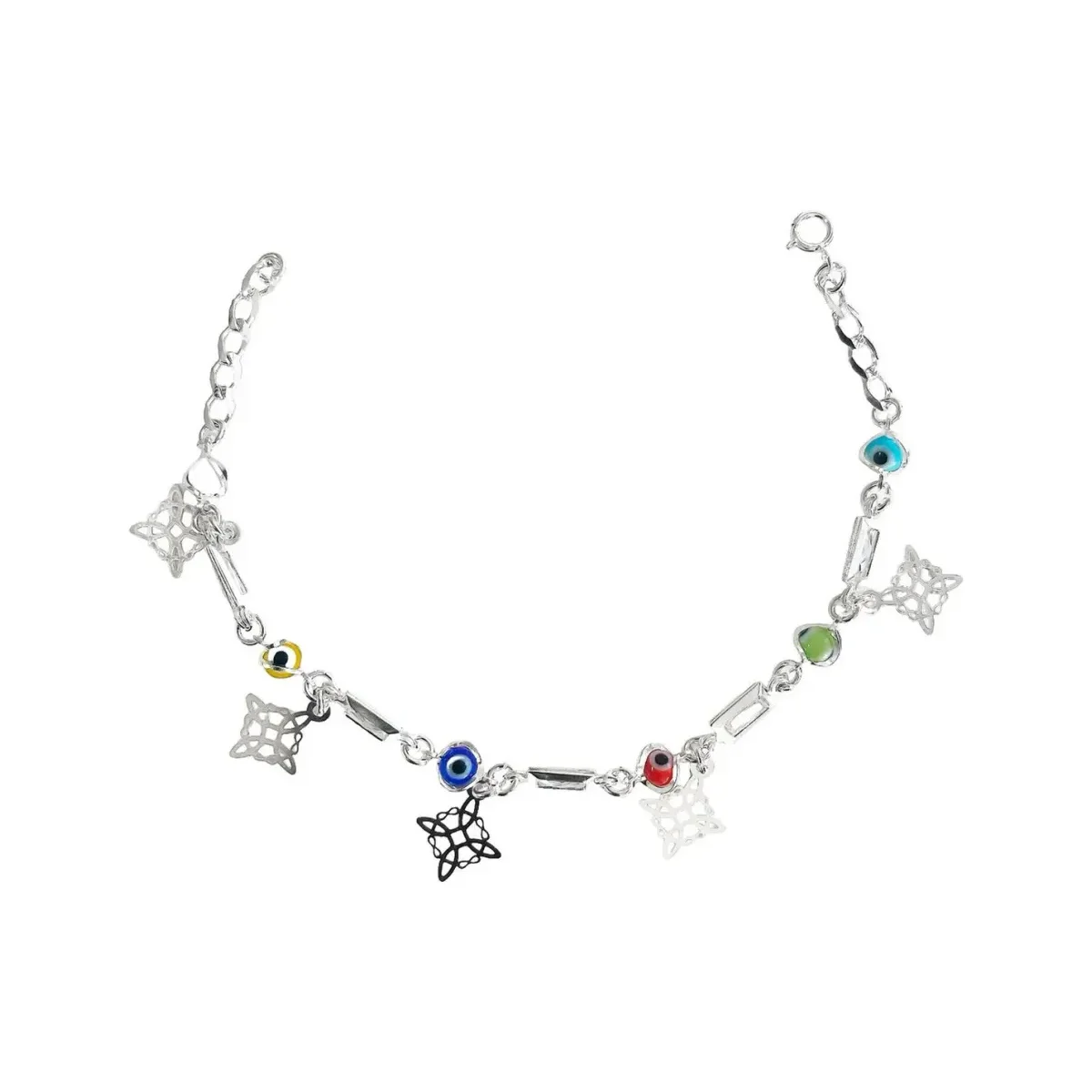 Pulsera de protección de Plata .925 nacional con Nudo de Bruja y Ojo Turco, ajustable, con piedras multicolor. Joyería de pla