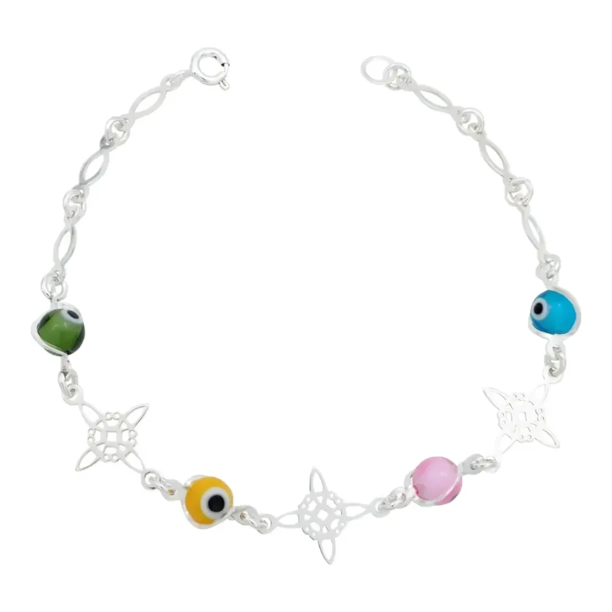 Pulsera ojo turco plata 925 mujer con dije nudo de bruja multicolor, acabado liso y broche de reasa en joyeria artesanal.
