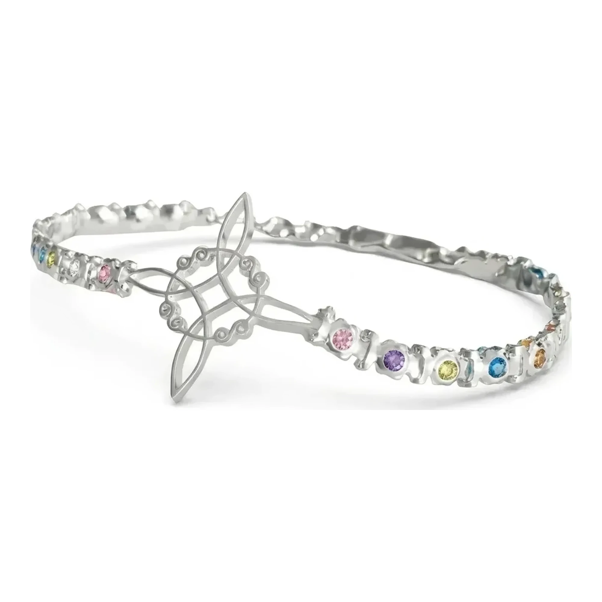 Pulsera nudo de bruja en plata ley 925 con dije circular y zirconias multicolor engastadas sobre cadena con broche perico