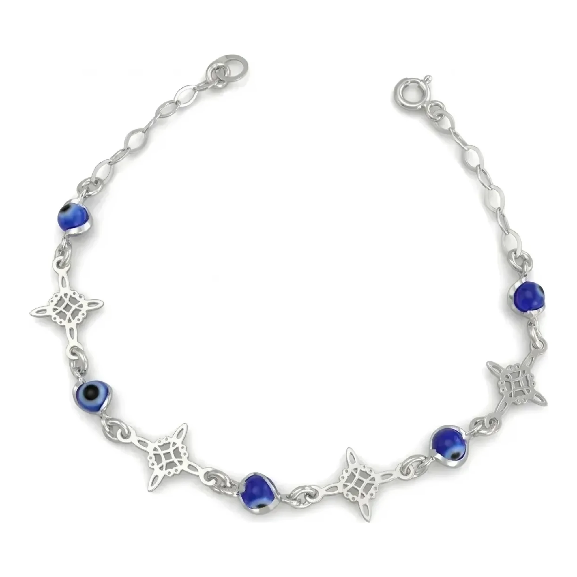 Pulsera de Plata 925, ajustable, con Nudo de Bruja, Triqueta celta y Ojo Turco azul de protección. Joyería mística, idea