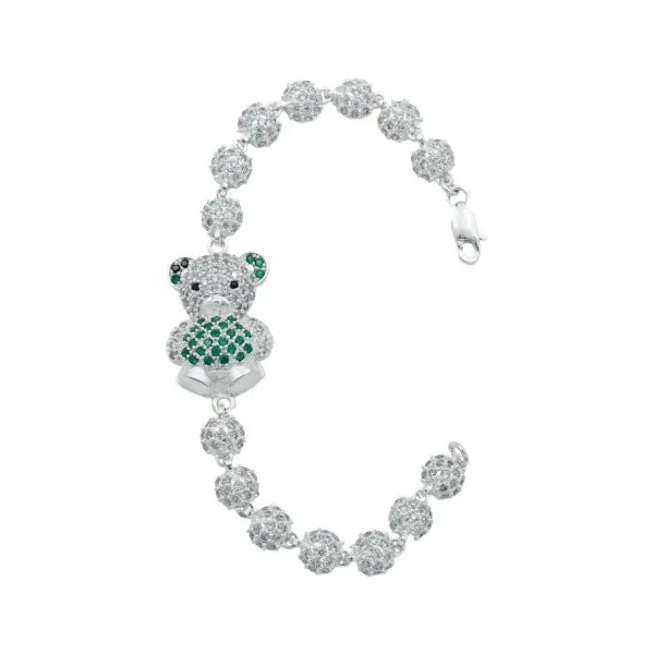Pulsera Plata 925 Oso Corazón con Zirconia Verde 17.5 cm - Imagen 1