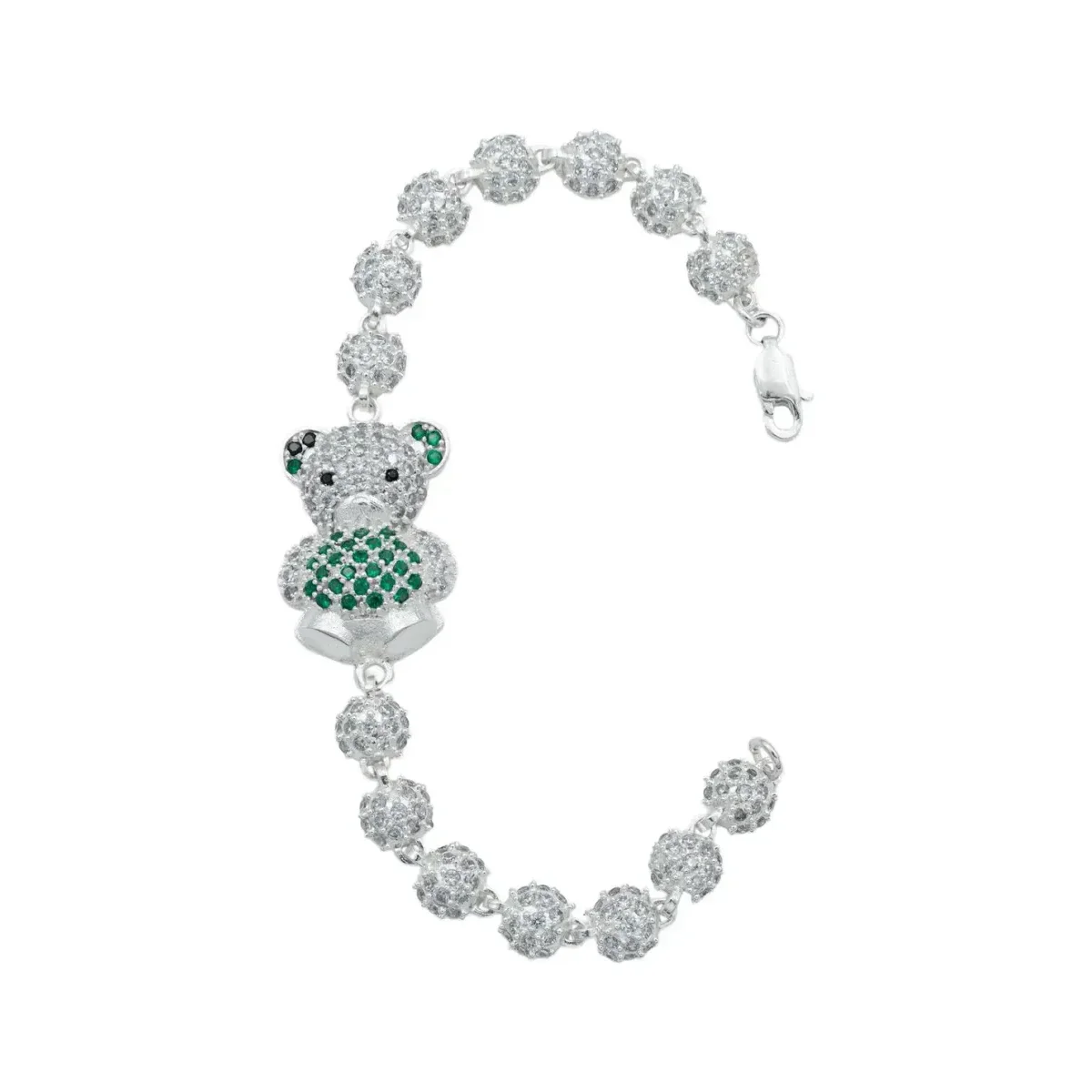Pulsera Plata .925 Oso Corazón con zirconias verdes brillantes, joyería de plata artesanal mexicana, diseño geométrico ajusta