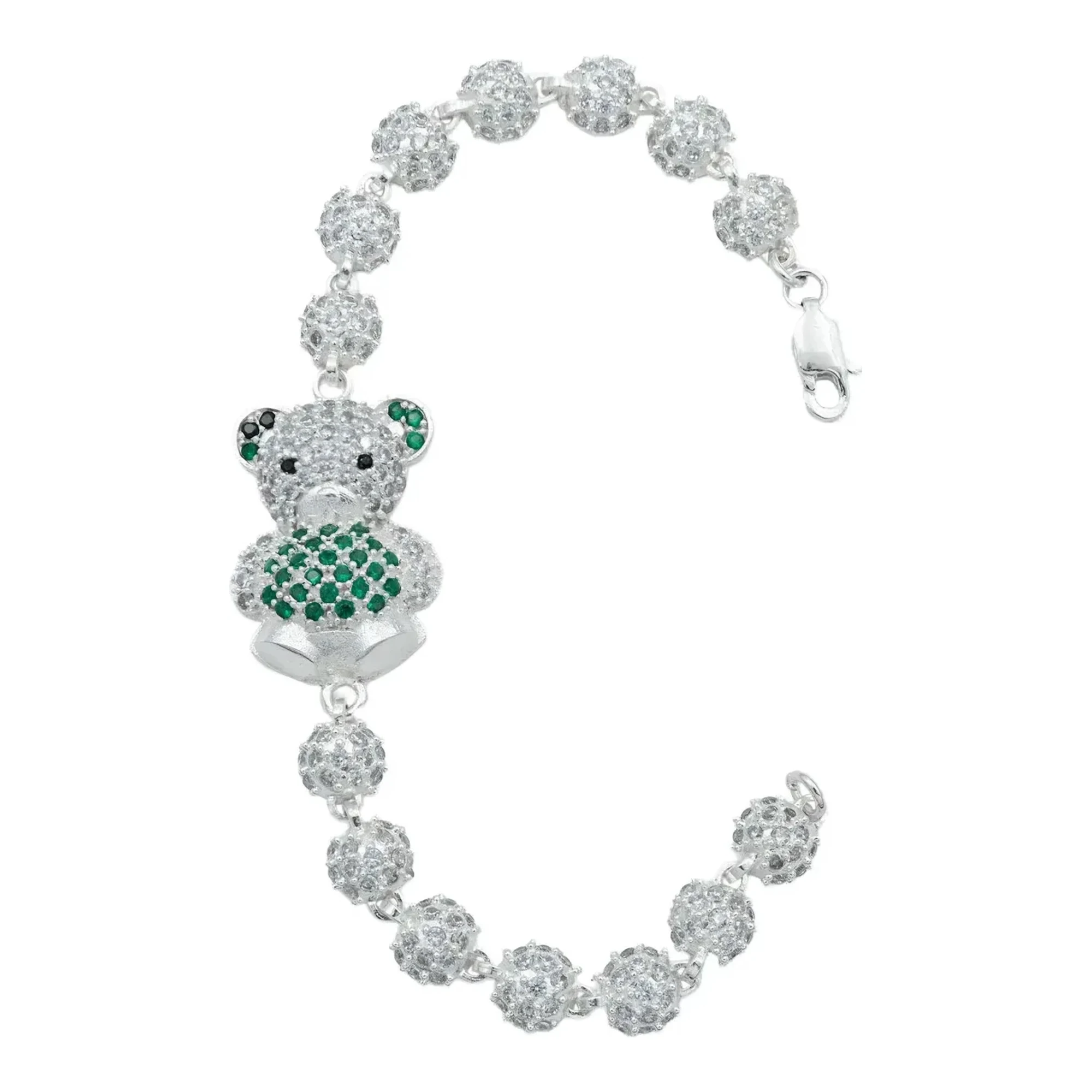Pulsera Plata .925 Oso Corazón con zirconias verdes brillantes, joyería de plata artesanal mexicana, diseño geométrico ajusta