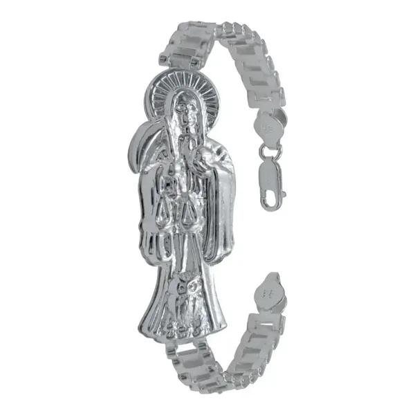 Pulsera de plata .925 rolo gruesa Santa Muerte troquelada broche reasa ajustable — Joyaris