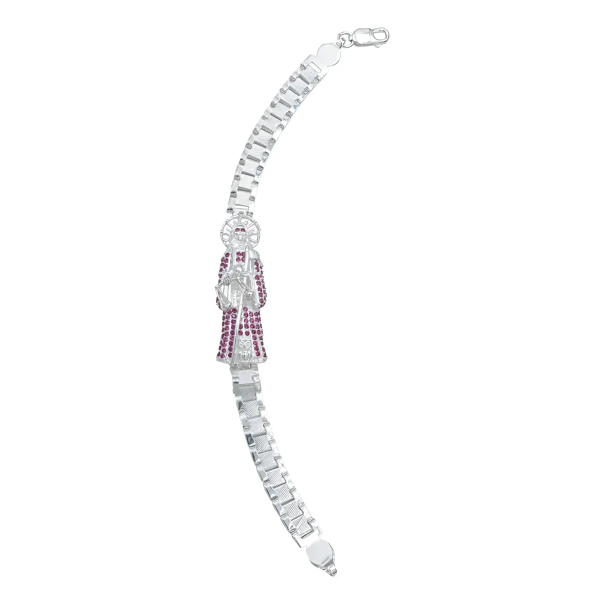 Pulsera plata 925 rolo para hombre, diseño robusto de eslabones gruesos estilo biker. Dije Santa Muerte y zirconias fucsia, j