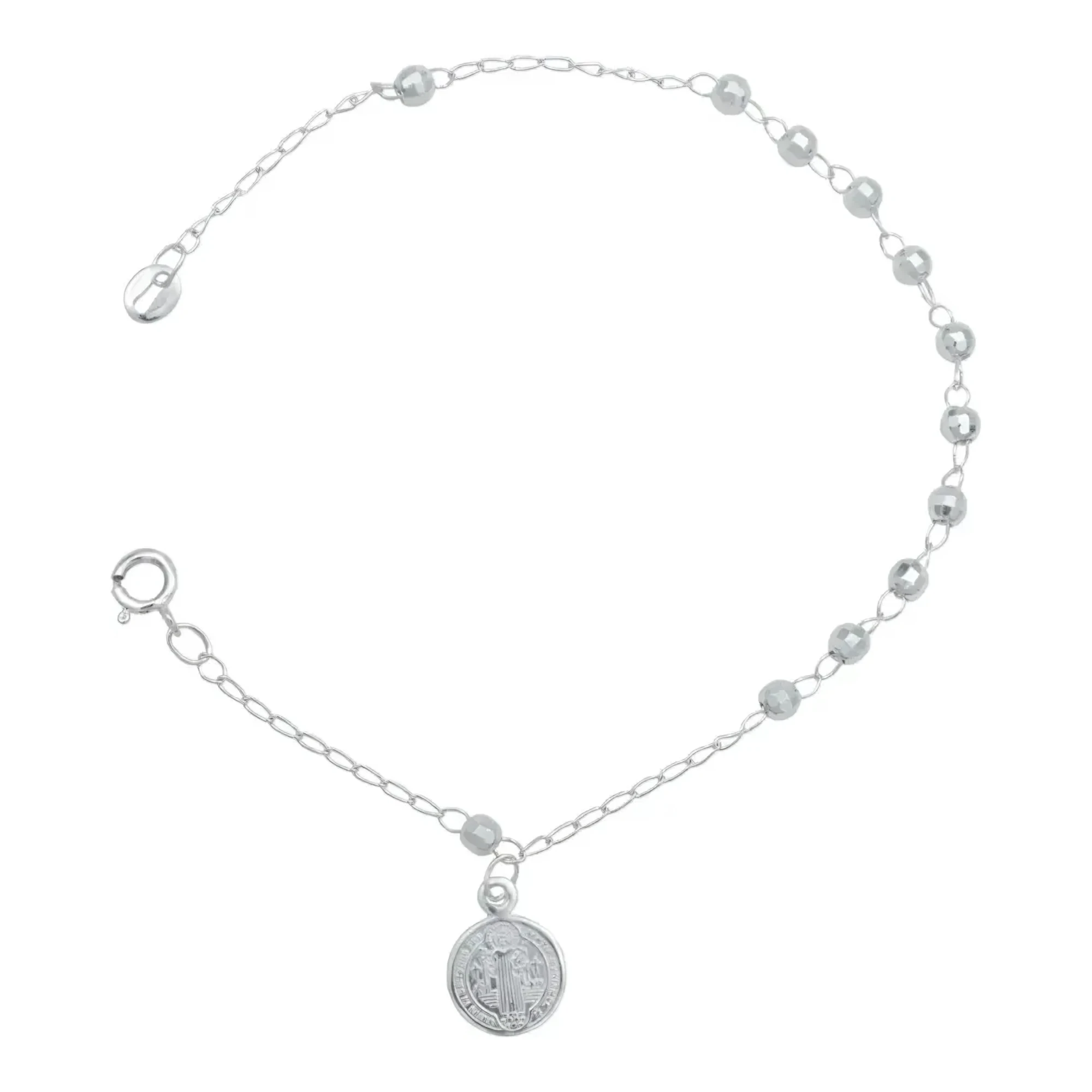 Pulsera San Benito mujer en auténtica plata .925 nacional con medalla facetada circular de diez milímetros y broche de reasa