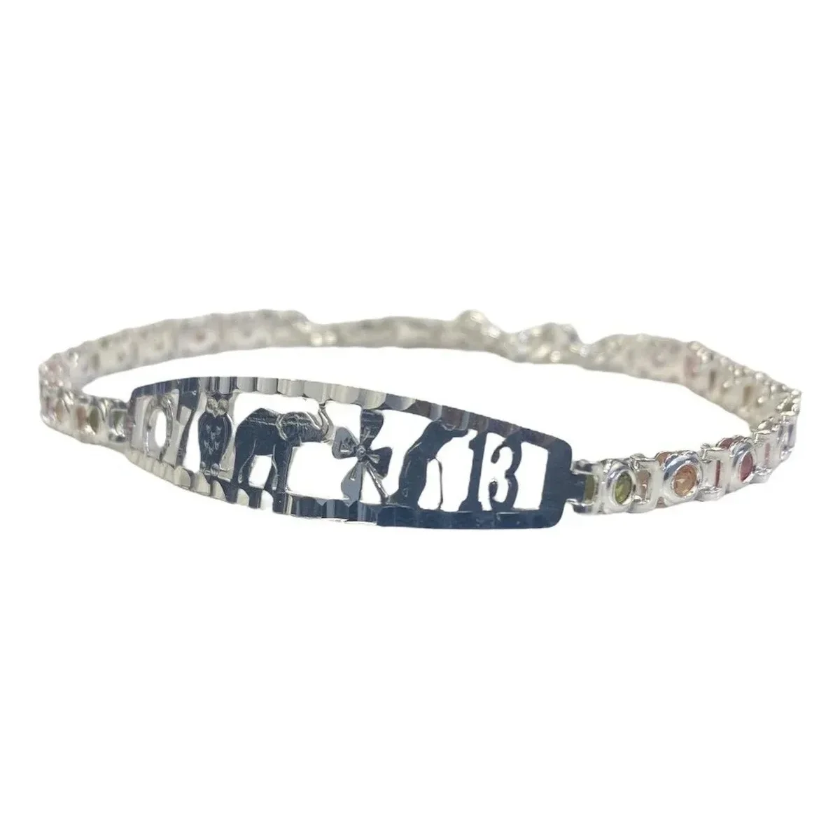 Pulsera de protección Plata .925 con zirconias multicolores, diseño ovalado ajustable para mujer. Joyería de plata elegante.