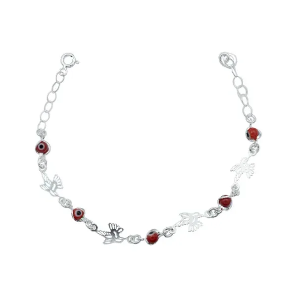 Pulsera Plata Ley .925 Colibrí y Ojo Turco Rojo Ajustable - Imagen 1