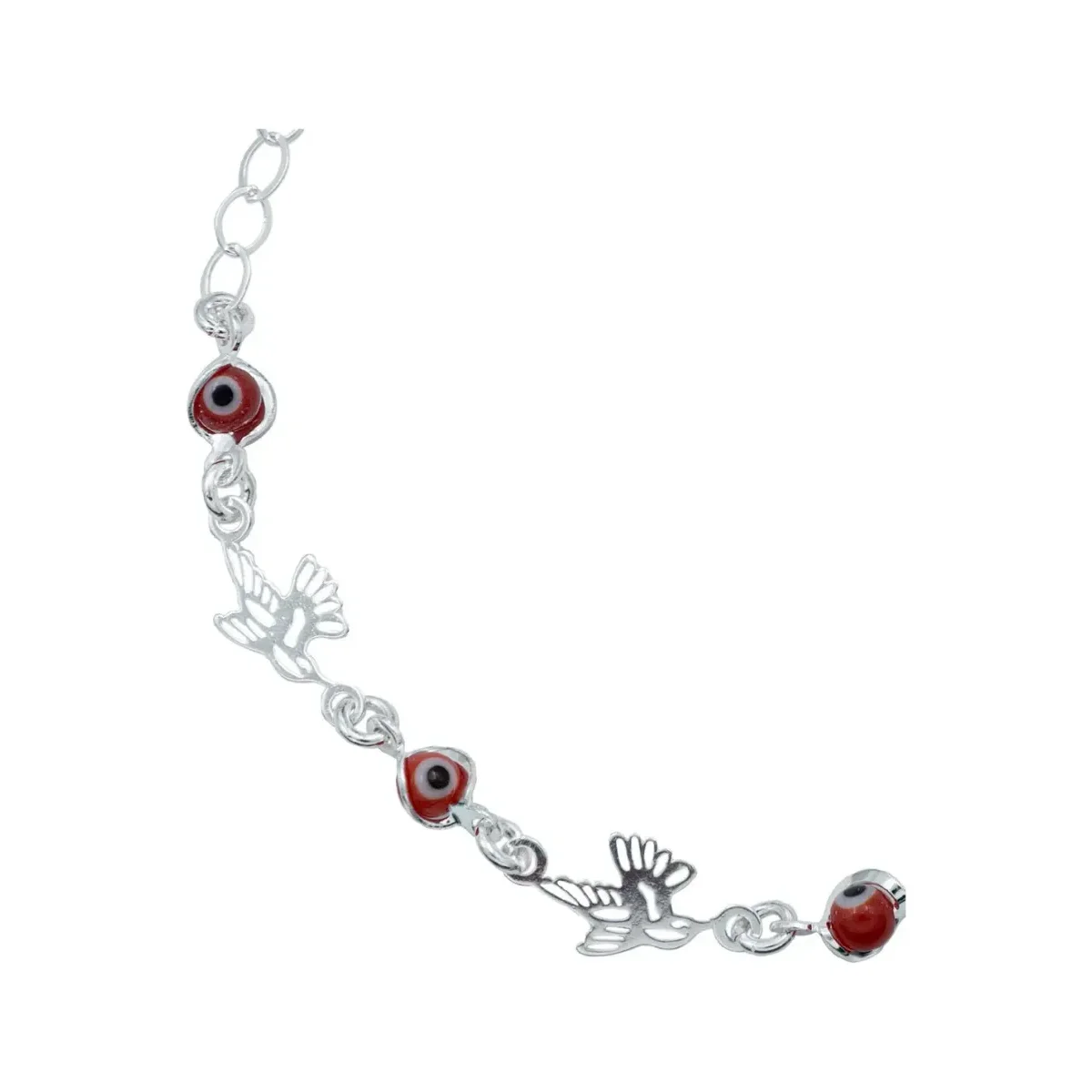 Pulsera Plata Ley .925 Colibrí y Ojo Turco Rojo Ajustable - Imagen 2