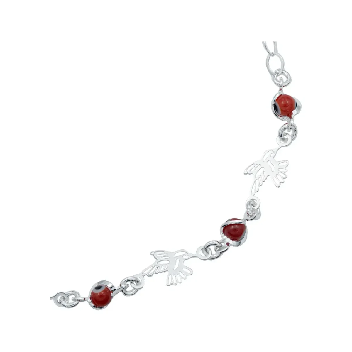 Pulsera Plata Ley .925 Colibrí y Ojo Turco Rojo Ajustable - Imagen 3