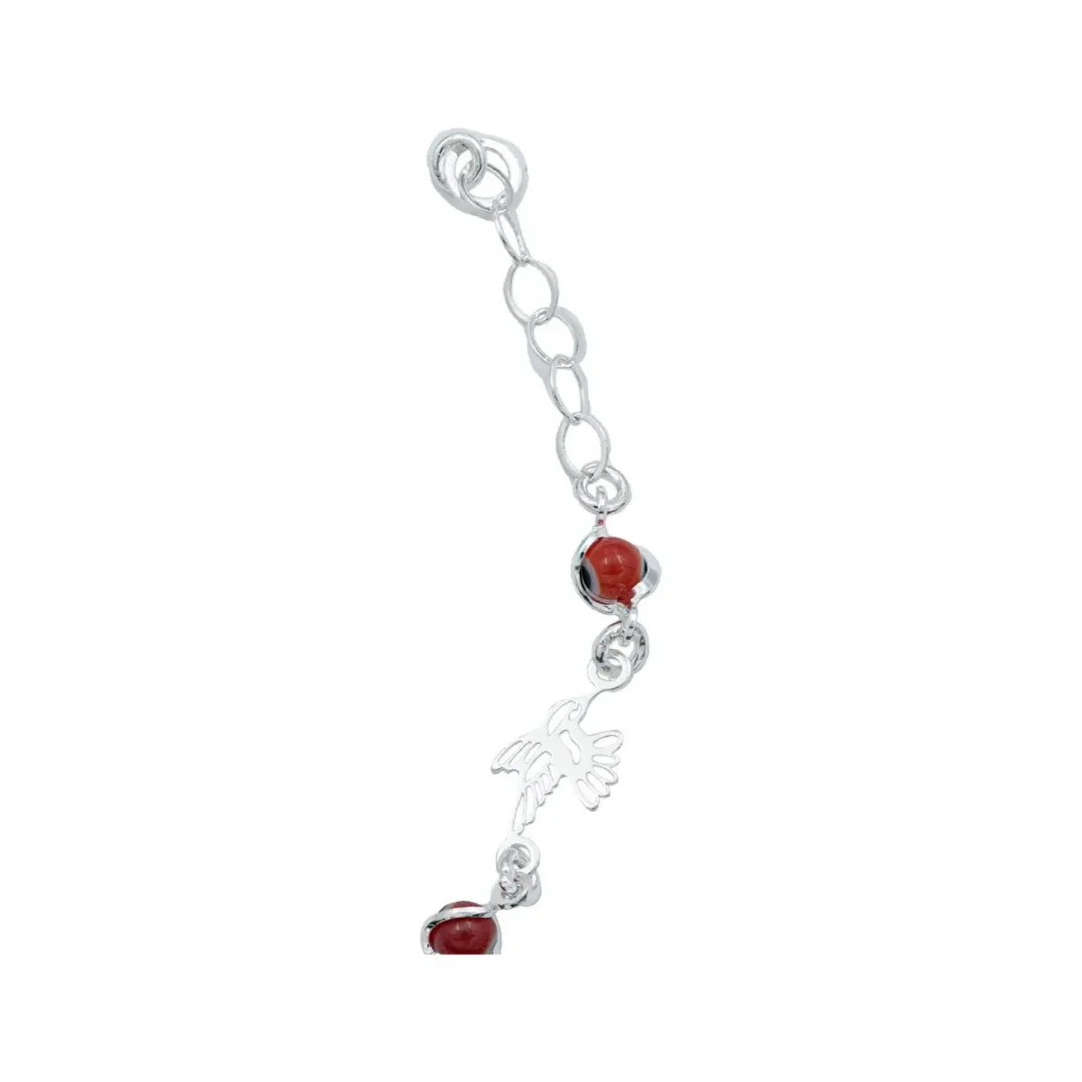 Pulsera Plata Ley .925 Colibrí y Ojo Turco Rojo Ajustable - Imagen 4