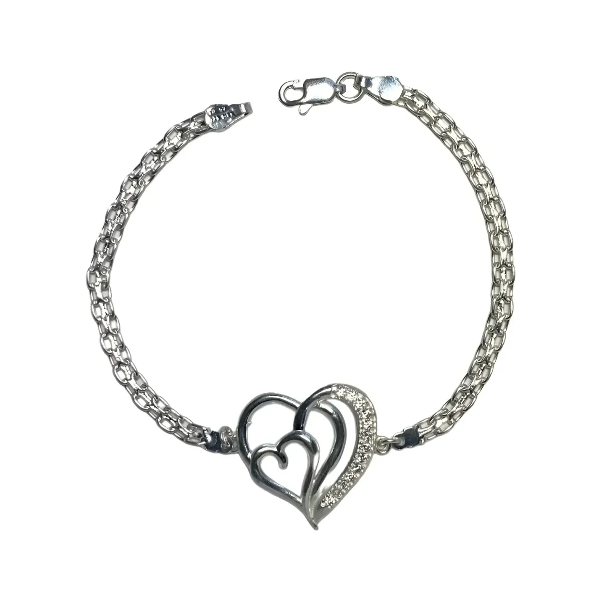 Pulsera Plata Ley .925, dije corazón grande artesanal mexicana. Joyería oversize, diseño minimalista de eslabones.