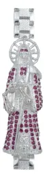 Pulsera Plata 925 Rolo Hombre Dije Santa Muerte Zirconias Fucsia - Imagen 2