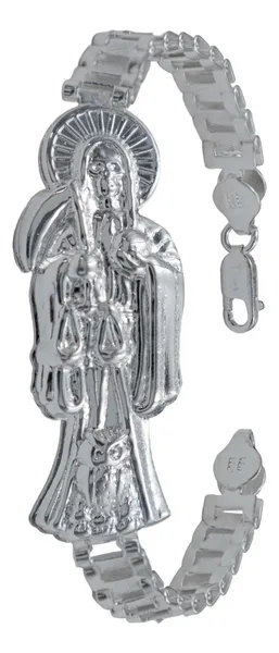 Pulsera de plata .925 rolo gruesa Santa Muerte troquelada broche reasa ajustable — Joyaris