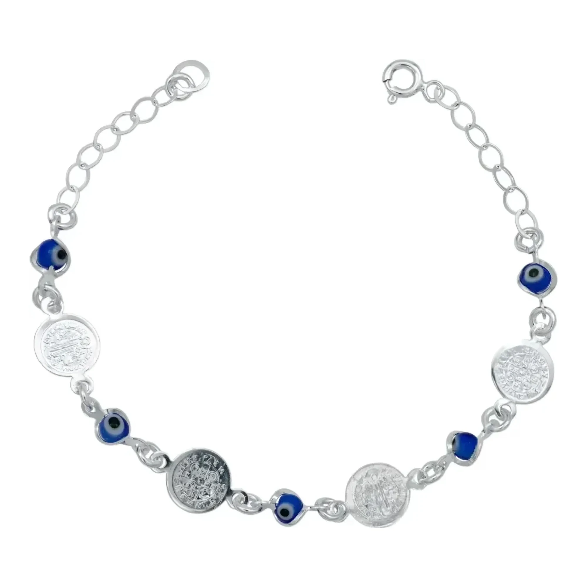 Pulsera de San Benito plata .925 con medallas dije acabado liso tejido azul ajustable y broche perico amuleto de protección