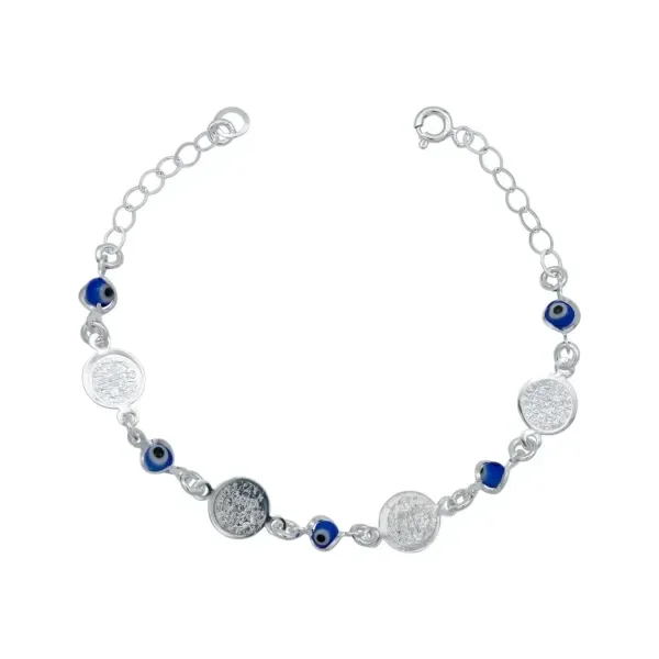 Pulsera Plata .925 Medallas San Benito Ajustable Diseño Azul - Imagen 1