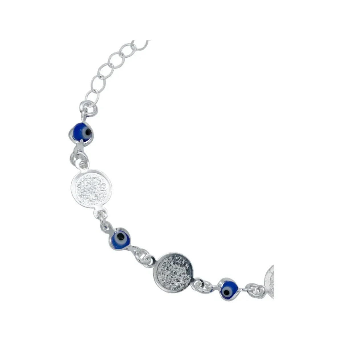 Pulsera Plata .925 Medallas San Benito Ajustable Diseño Azul - Imagen 2