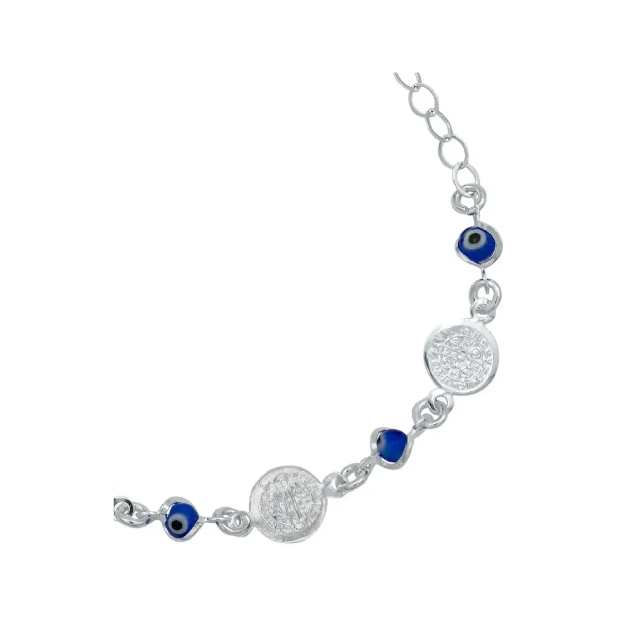 Pulsera Plata .925 Medallas San Benito Ajustable Diseño Azul - Imagen 3