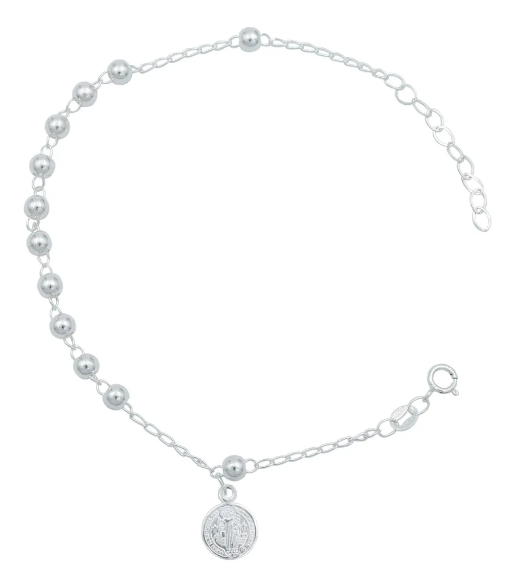 Pulsera plata .925 San Benito con medalla redonda. Diseño bola lisa. Joyería de plata fina, minimalista con dijes y cadena.